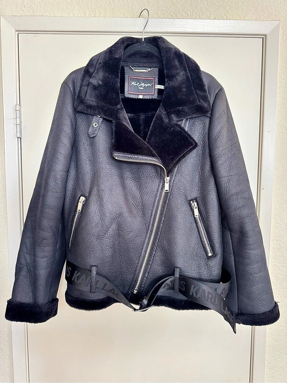 Karl Lagerfeld Women’s Faux Shearling Moto Jacket in Black Size Large